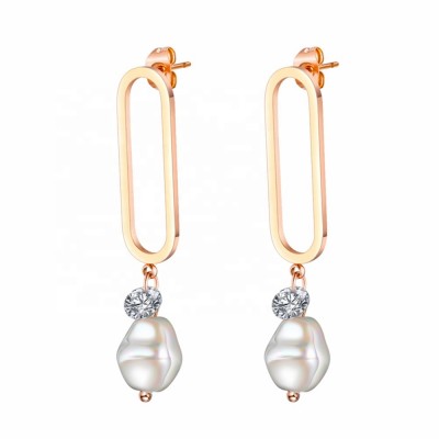 MECYLIFE Rose Gold Crystal Paper Clip Earrings Personalized Artificial Baroque Pearl Earrings