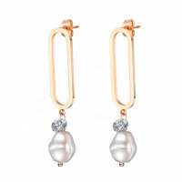 MECYLIFE Rose Gold Crystal Paper Clip Earrings Personalized Artificial Baroque Pearl Earrings