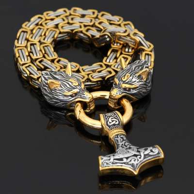 MECYLIFE Punk Stainless Steel Byzantine Chain Necklace Men North Viking Thor Hammer Necklace Celtic Wolf Necklace