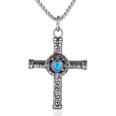 MECYLIFE Turquoise Stone Inlaid Fashion Stainless Steel Cross Necklace for Men