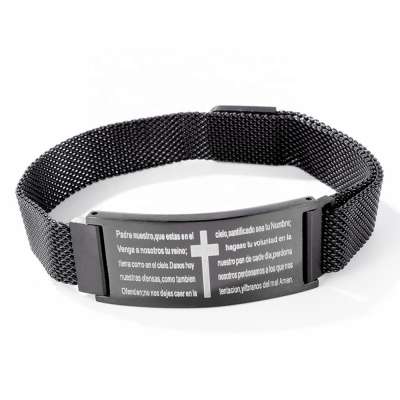 MECYLIFE Black Color Mens Fashion Stainless Steel Mesh Bracelet Christian Spanish Cross Bracelet