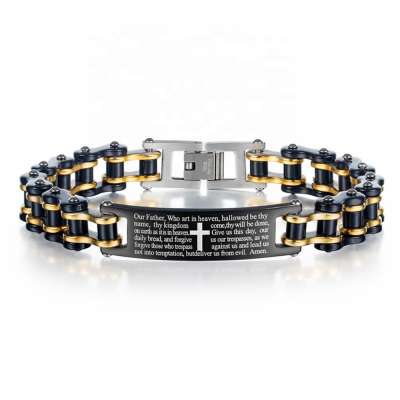 MECYLIFE 2020 New Design Stainless Steel Mens Biker Chain Bracelet Bible Verse Engraved Christian Cross Bracelet