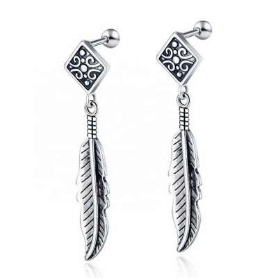 MECYLIFE Vintage Stainless Steel Drop Earrings Personalized Feather Earrings