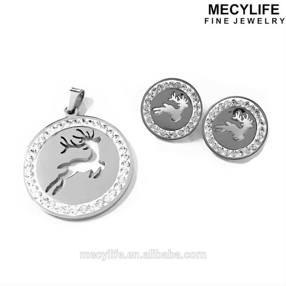 MECYLIFE Zircon Stainless Steel Elk Necklace Christmas Jewelry Set