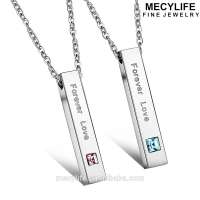 MECYLIFE Square Zircon Inlaying Stainless Steel Vertical Bar Pendants Couple Necklace