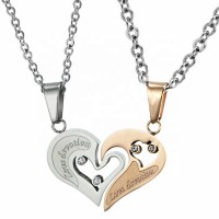 MECYLIFE Fashion Zircon Inlay Stainless Steel Split Heart Couple Necklaces For Valentine