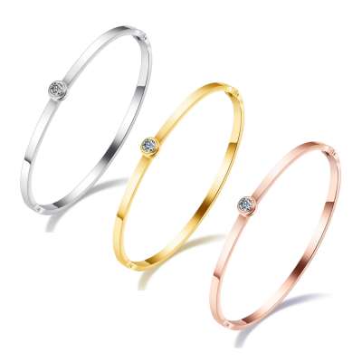 MECYLIFE Single Stone CZ High Polished Fashion Three Colors Silver Gold Rose Gold Women Bangle Bracelet