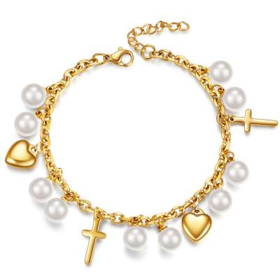 MECYLIFE 2020 New Design Cross Heart Charm Bracelet Stainless Steel Pearl Bracelet Women