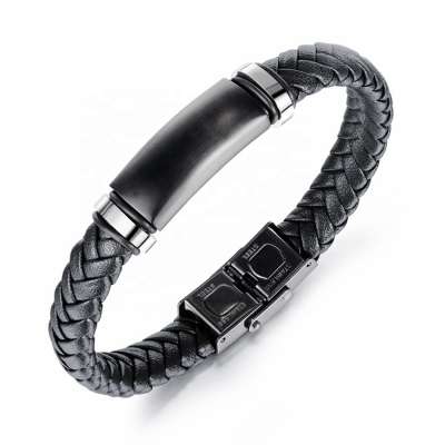 MECYLIFE Simple Fashion Braided Leather Bracelet Men Stainless Steel Leather Bracelet Black Brown