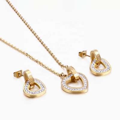 MECYLIFE Zirconia Stainless Steel Heart Necklace Earring Sets 18K Gold Plated Fashion Women Jewelry Sets